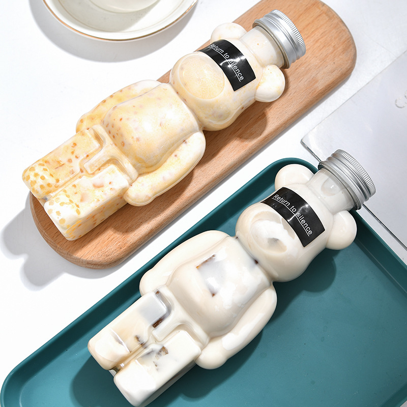 350ML 500ML 700ML Food Grade PET Bear Shaped Bottle Boba Bubble Tea Milk Shape Plastic Juice Bottle With Aluminum Cap