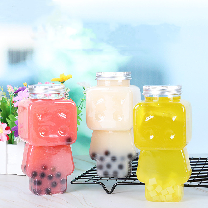 Plastic Juice Empty Jar Cute Bear Clear Bottle 300ml 500ml Custom Print Logo Cup for Cold Drink Milk Tea Coffee Milk with Cap
