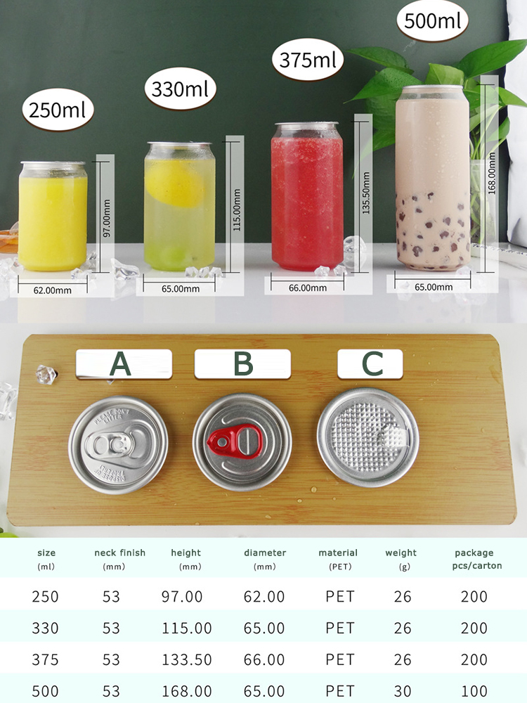 250ml 500ml Clear Soda Can Wholesale Plastic PET Cans for Drinks Cold Beer Coffee Juice Beverage with Aluminum Ring Pull-Tab Lid