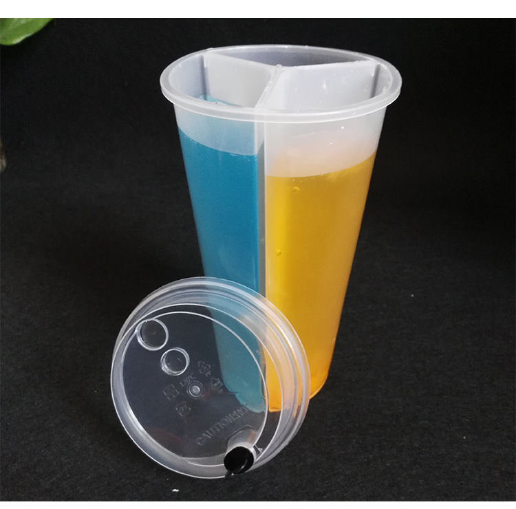 24oz 700ml PP Plastic Split Boba Cups Bubble Tea Share Cup 3 Compartment Juice Cup With Lid Custom Logo Print