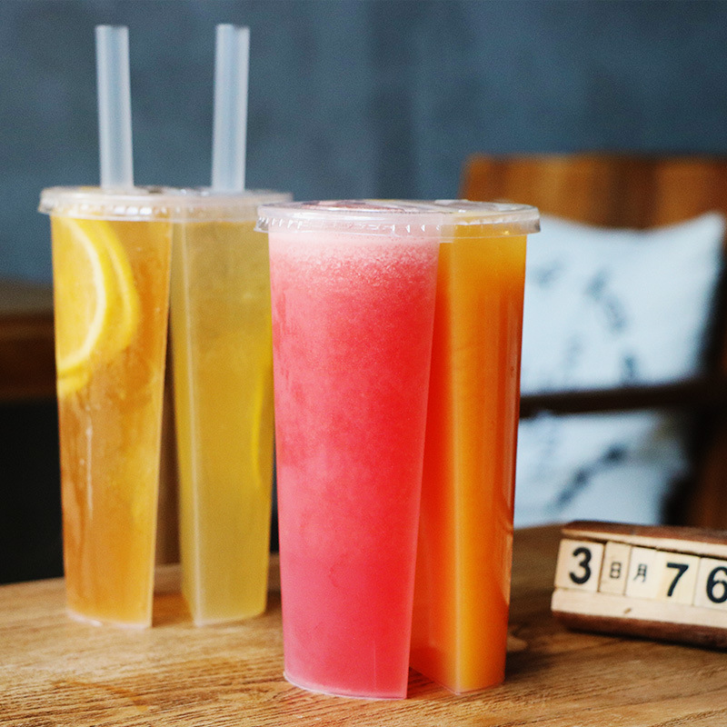 24oz 700ml PP Plastic Cup Twins Split Cups Boba Tea Bubble Tea Double Shared 2 Compartment Juice Cup With Lid Custom Logo Print