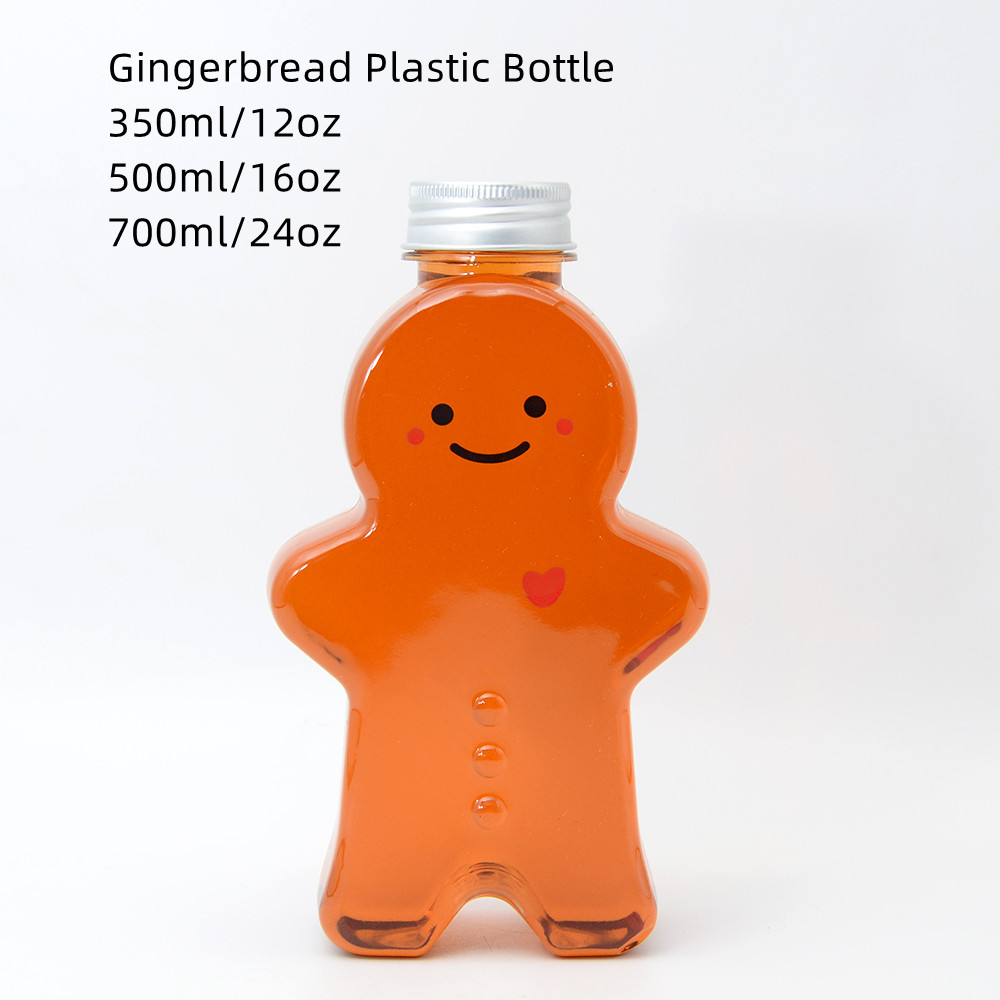 Custom Cute Christmas Coffee Drink Container Juice Jar Milk Bubble Tea Boba Cups Gingerbread Plastic Bottle with Lid and Straw
