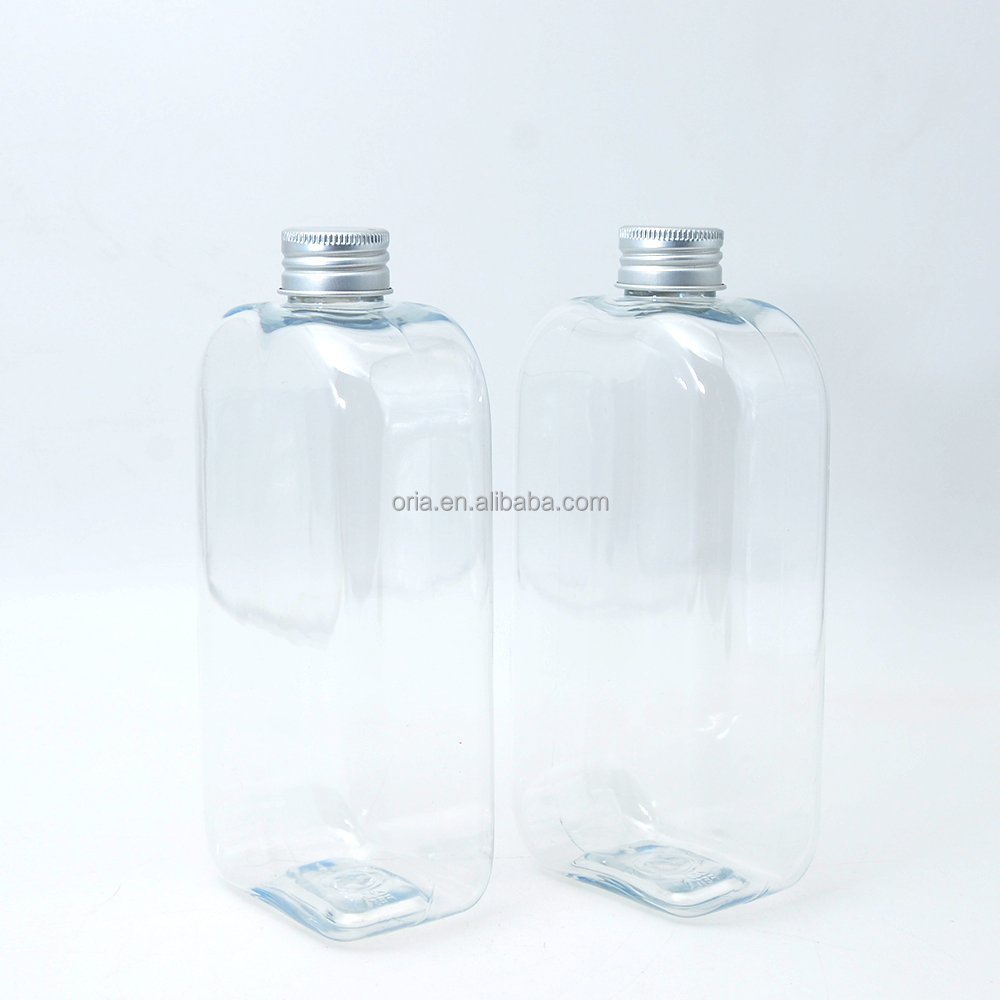 Custom 300ml 450ml 500ml Flat Square Clear  Portable PET Plastic Bottle  with Screw Lid for water milk tea