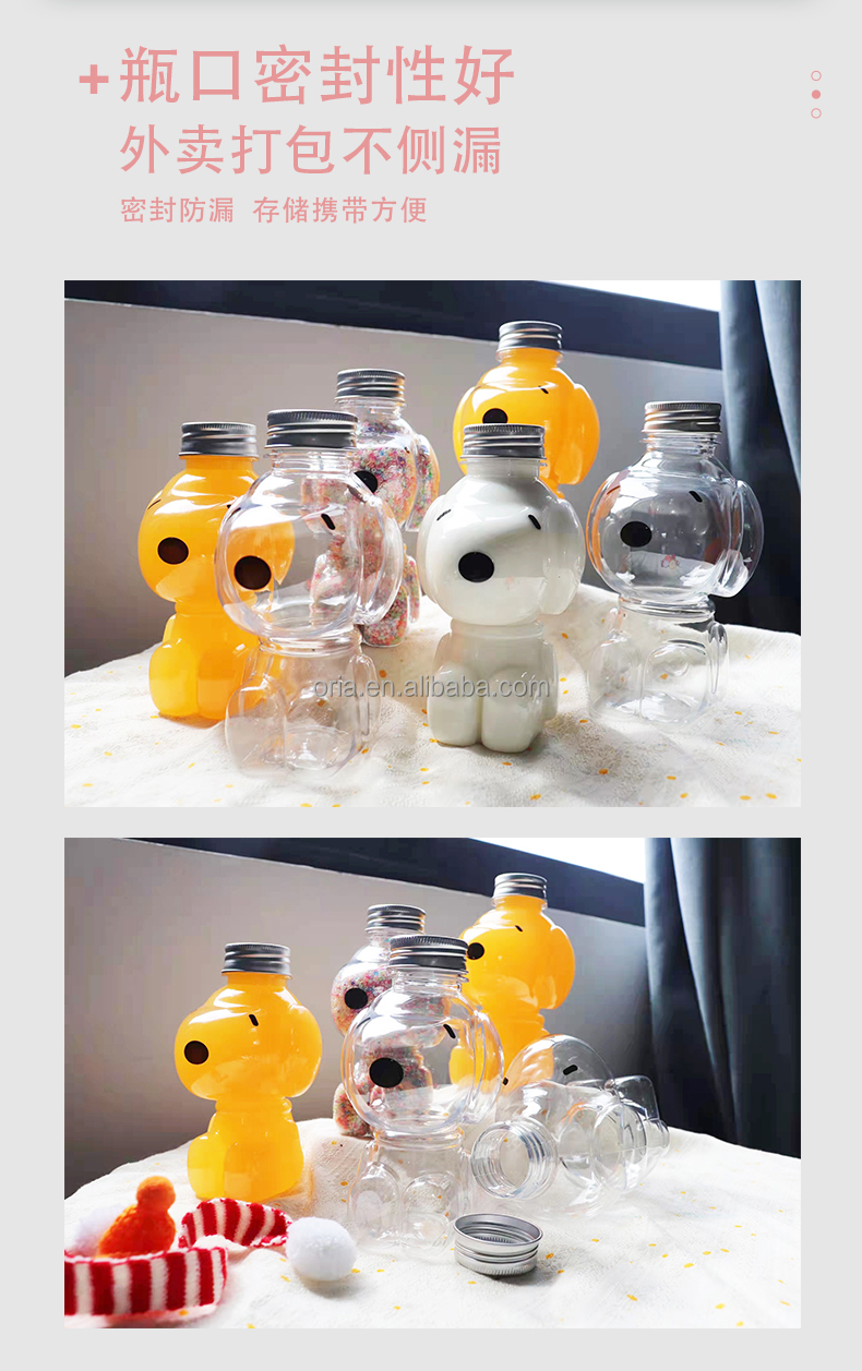 Wholesale puppy animal shaped food grade Pet plastic water bottle with aluminum lid 350ml 500ml beverage juice container