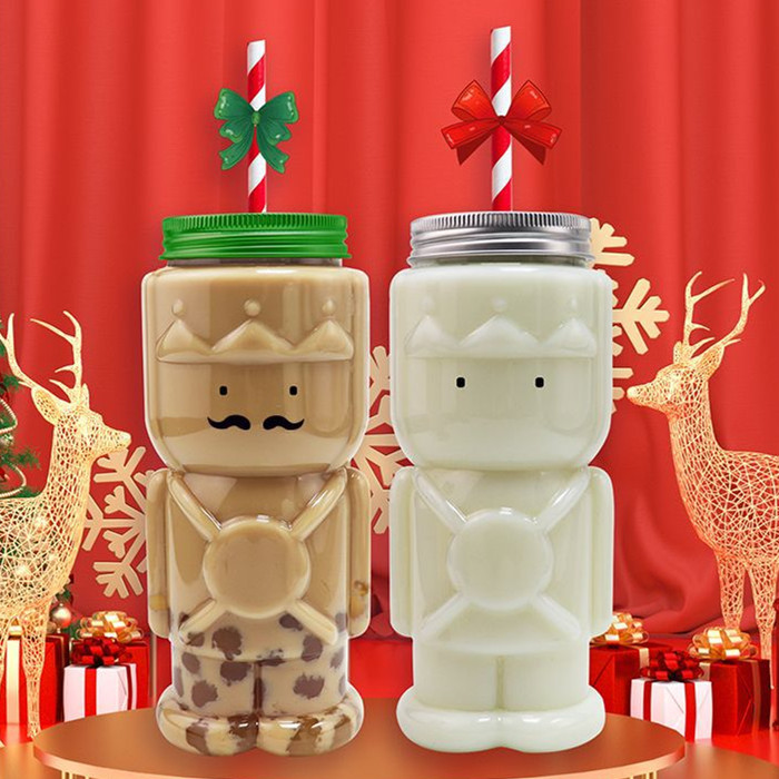 24oz Cute PET Milk Boba Bubble Tea Plastic Cup with Lids Christmas Gingerbread Man Guard Ornaments Jar Drinking Container Bottle