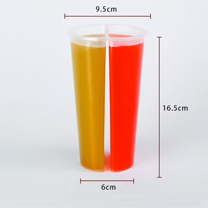 700ml/24oz Disposable PP Plastic Double Shared Compartments Twin Split Cup with Lid for Slushie Juice Boba Bubble Tea Drink Cup